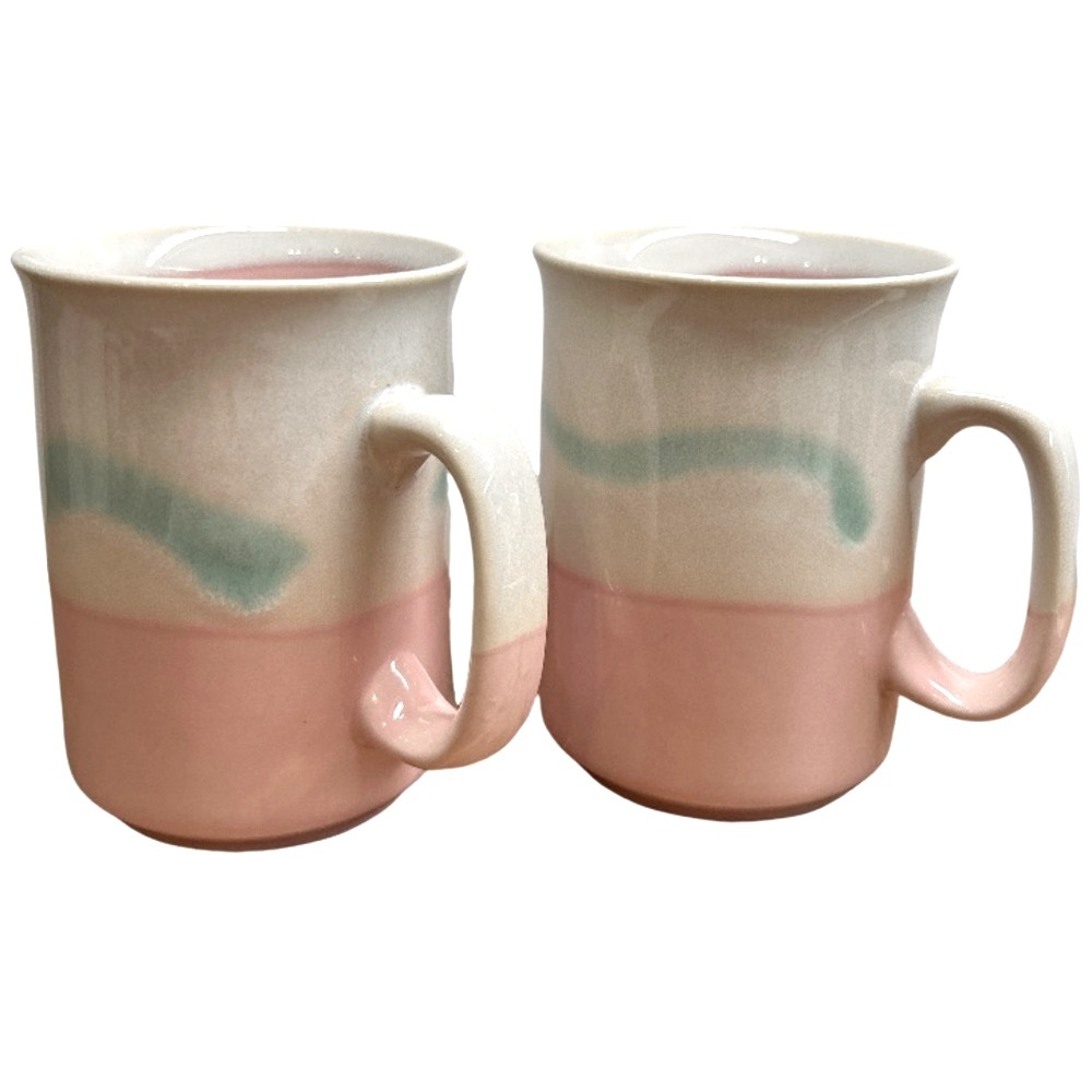 Vintage 80’s Stoneware Mugs Set Of Two Pink Mint Green & Cream In Colour